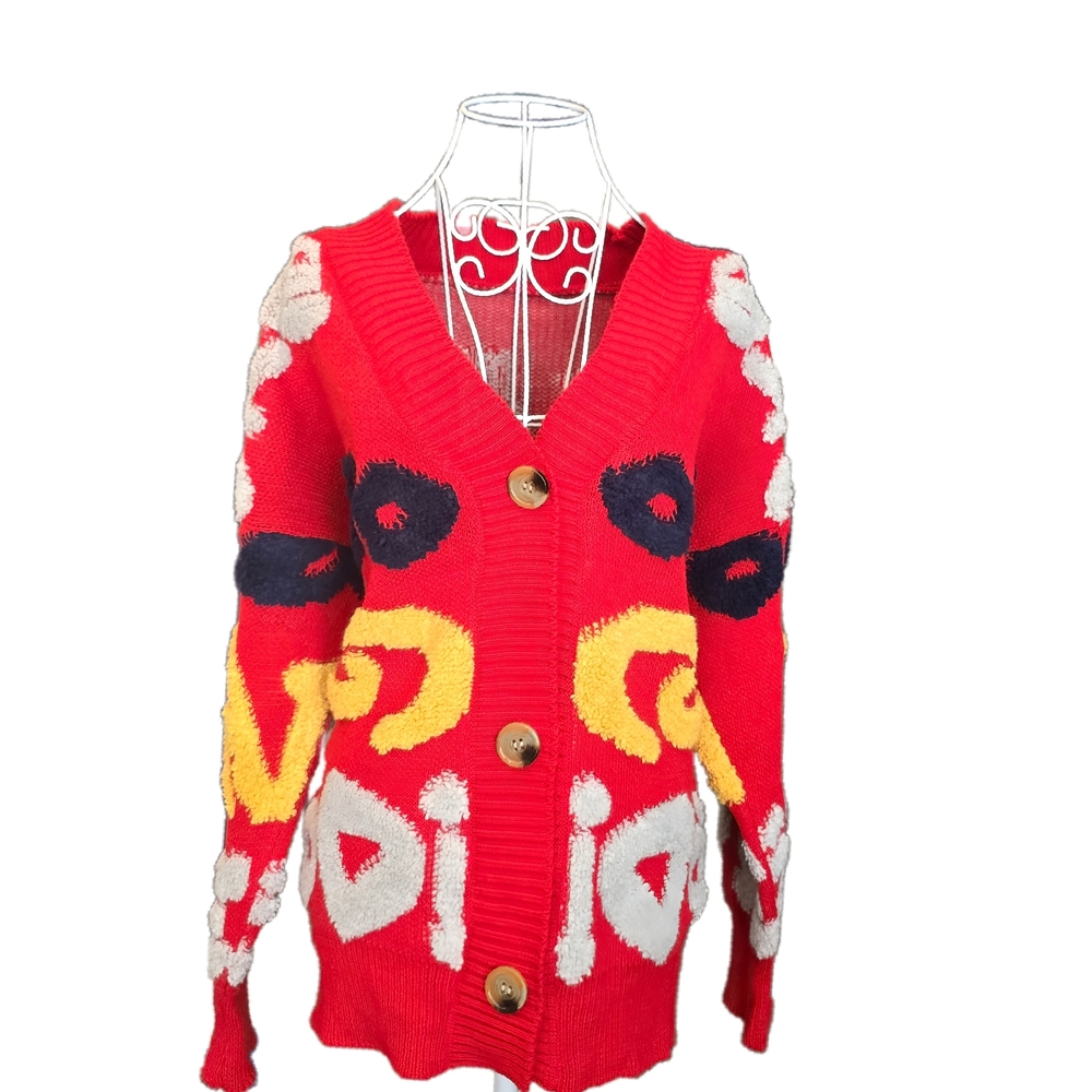 Vibrant Red Patterned Women's Cardigan